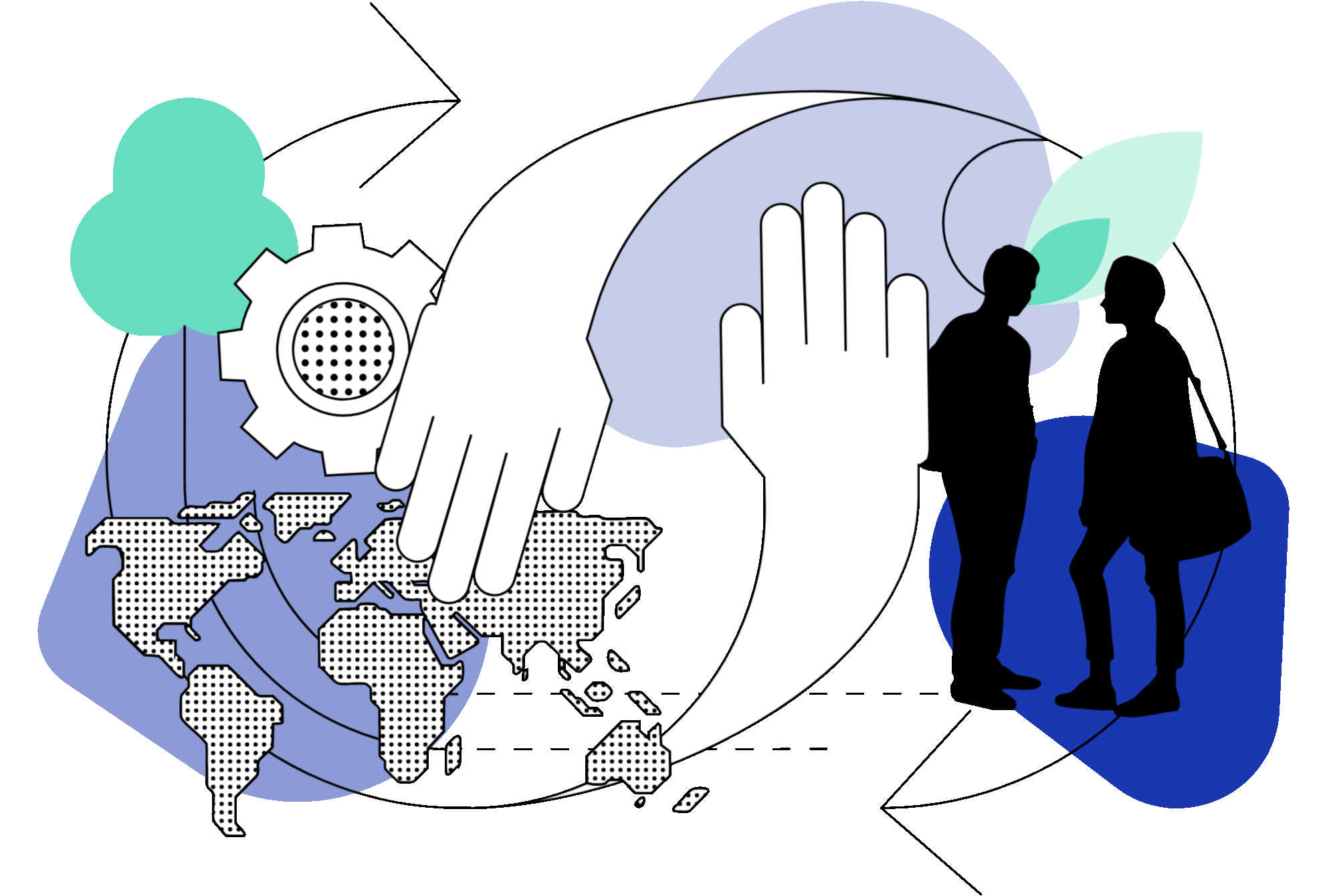 Illustration: verschiedene Elemente zum Thema Fellows wie Weltkarte, zwei Menschen im Gespräch, zwei Hände im Kreislauf